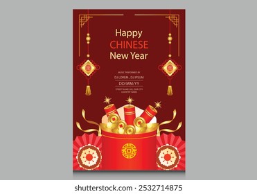 
Chinese New Year 2024, Empty space in the circle, chinese lantern, firecrackers, Characters translation Good Luck, poster design on red background, Eps 10