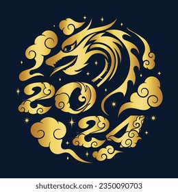 Chinese new year 2024, with golden cloud forming  2024 and Dragon Zodiac sign