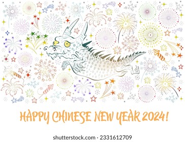 Chinese New Year 2024 Greeting card with cute little dragon and fireworks in the sky in doodle style. Vector illustration.