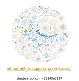 Chinese New Year 2024 Greeting card with cute little dragon and fireworks in circle. Vector illustration.