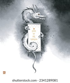 Chinese new year 2024 greeting card. Ink wash painting of dragon holding scroll with greeting. Traditional oriental ink painting sumi-e, u-sin, go-hua. Hieroglyphs - good luck, dragon.