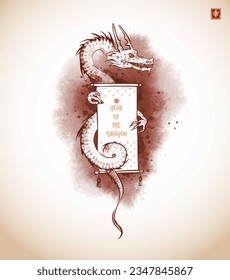 Chinese new year 2024 greeting card.Dragon holding scroll with hieroglyph "good luck" in vintage style.Oriental ink painting sumi-e, u-sin, go-hua. Year of the dragon. Red stamp hieroglyph - happiness