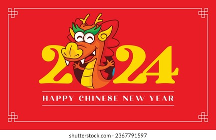 Chinese new year 2024 greeting banner with cartoon cute eastern dragon zodiac spread arm welcome sign vector
