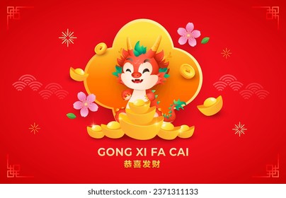 Chinesischer Neujahrskarte 2024 Grußkarte mit Happy Dragon zodiac, Blüte, Goldbarsch. Urlaubsbanner, Web, Poster, Flyer. Vektorgrafik-Hintergrund. (Übersetzung: Wohlstandswünsche)