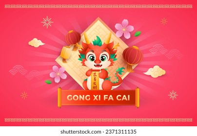 Chinese New Year 2024 greeting card with cute dragon zodiac, blossom flower and chinese scroll. Holiday banners, web, poster, flyer. Vector illustration background. (Translation: prosperity wishes)