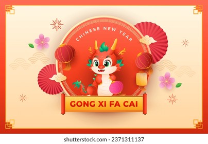 Chinese New Year 2024 greeting card with cute dragon zodiac, blossom flower, chinese fan and lantern. Holiday banners, web, poster, flyer. Vector illustration background.