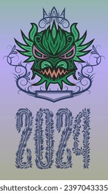 Chinese New Year 2024 greeting card design. Green dragon vintage emblem with patterned year numbers.