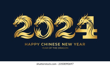 Chinese new year 2024 lettering forming from golden Dragon Zodiac sign 