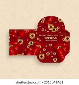Chinese new year 2024 lucky red envelope money pocket on color background for the year of the Dragon (Translation : happy Chinese new year 2024, year of the Dragon)