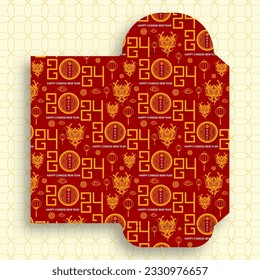 Chinese new year 2024 lucky red envelope money pocket on color background for the year of the Dragon (Translation : happy Chinese new year 2024, year of the Dragon)
