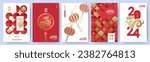 Chinese New Year 2024 modern art design set in red, gold and white colors for cover, card, poster, banner. Chinese zodiac Dragon symbol. Hieroglyphics mean Happy New Year and symbol of of the Dragon