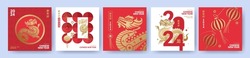 Chinese New Year 2024 Modern Art Design Set In Red, Gold And White Colors For Cover, Card, Poster, Banner. Chinese Zodiac Dragon Symbol. Hieroglyphics Mean Happy New Year And Symbol Of Of The Dragon