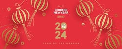 Chinese New Year 2024 Modern Art Design In Red, Gold And White Colors For Cover, Card, Poster, Banner With Traditional Lanterns Pattern. Hieroglyphics Mean Happy New Year And Symbol Of Of The Dragon