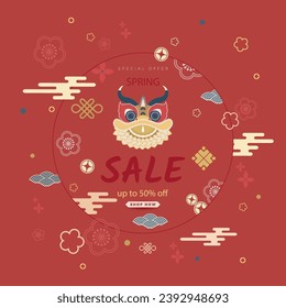Chinese New Year 2024, modern art design in gold and red color for card, poster, banner. Chinese zodiac symbol of the Dragon. Vector illustration