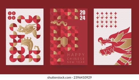 Chinese New Year 2024 modern art design set in red, gold and white colors for cover, card, poster, banner. Chinese zodiac Dragon symbol. Hieroglyphics mean Happy New Year and symbol of of the Dragon