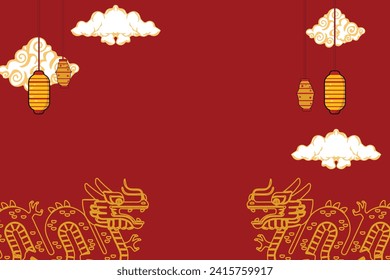 Chinese New Year 2024 with a modern art design style with red and gold Chinese decorations, suitable for posters, banners or social media posts for lunar new year celebrations.