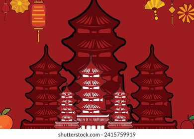 Chinese New Year 2024 with a modern art design style with red and gold Chinese decorations, suitable for posters, banners or social media posts for lunar new year celebrations.