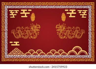 Chinese New Year 2024 with a modern art design style with red and gold Chinese decorations, suitable for posters, banners or social media posts for lunar new year celebrations.