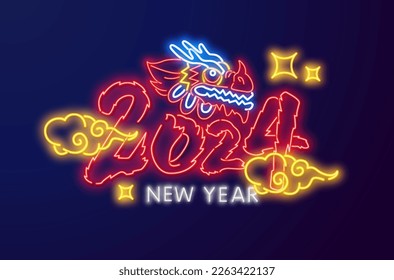 Chinese new year 2024 neon for decorative design. 2024 chinese neon zodiac sign Dragon. Vector illustration design. Design template.