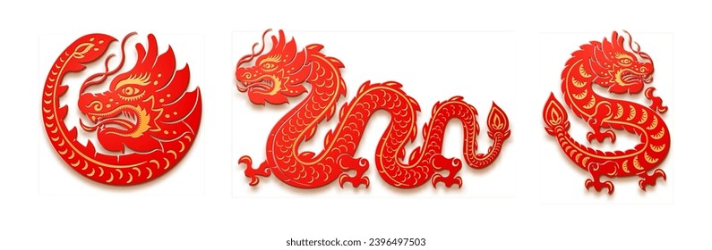 Chinese New Year 2024, paper cut asian animal, lunar calendar zodiac CNY symbol vector illustration. Red dragon lunar horoscope character, tattoo design element, spring festival decoration