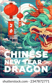 Chinese New Year 2024 placard. China dragon zodiac sign on bright backdrop with lanterns. Asian festival poster concept. Creative typography art cover. Oriental traditional mythical vector eps serpent