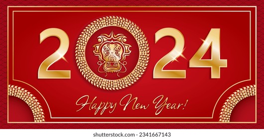 Chinese New Year 2024 postcard, greeting, invitation, Year of a Dragon card with golden numbers and drawing of a Chinese Dragon, vector banner.