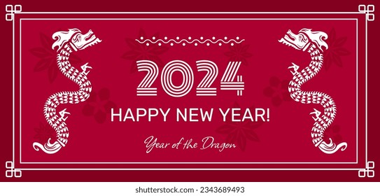 Chinese New Year 2024 postcard, greeting, invitation, Year of a Dragon card with numbers and drawing of a Chinese Dragon, vector banner.