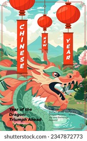 Chinese New Year 2024 poster. China dragon zodiac sign on nature background. Asian festival placard. Creative art typography greeting card. Oriental traditional mythical serpent. Lunar vector symbol