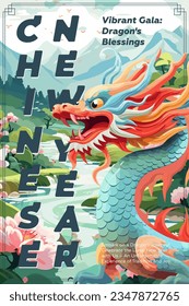 Chinese New Year 2024 print. China dragon with lettering on nature background. Asian festival poster. Creative art typography greeting card. Oriental traditional myth serpent. Lunar vector eps symbol