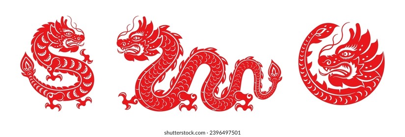 Chinese New Year 2024, red Dragon silhouette, horoscope character, simple hand-drawn Asian greeting card and tattoo design element. Paper cut asian animal, lunar calendar zodiac CNY symbol