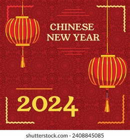 Chinese new year 2024 square social media banner post vector design illustration isolated on red square background.