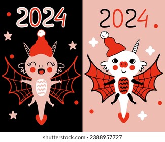 Chinese New Year 2024 template collection with flying dragon cartoon character. Perfect for tee, poster, sticker. Doodle vector illustration.