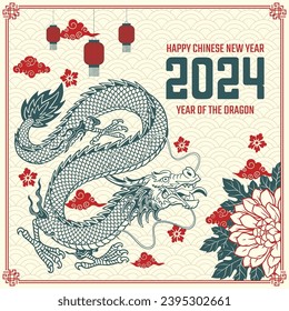 Chinese New Year 2024 Traditional Background with Dragon and Asian Ornament