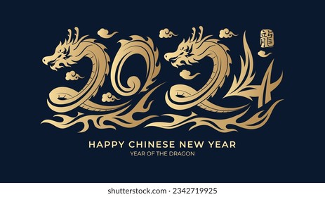 Chinese new year 2024 Typography, year of the dragon zodiac with Golden Dragon illustration