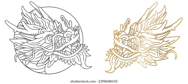 Chinese New Year 2024 vector. Chinese dragon, line drawing gold modern pattern. Dragon head for card design print media. China lunar calendar animal. Vector EPS 10.