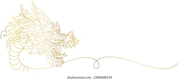 Vector chino de Año Nuevo 2024. dragón chino, dibujo de líneas de oro patrón moderno. Dragón cabeza para medios impresos de diseño de tarjetas. Animales del calendario lunar de China. EPS vectorial 10.