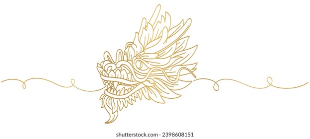 Chinese New Year 2024 vector. Chinese dragon, line drawing gold modern pattern. Dragon head for card design print media. China lunar calendar animal. Vector EPS 10.