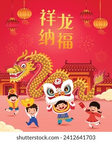 Ilustración vectorial china de Año Nuevo 2024 con objeto y diseño. Año del dragón. Traducción: La medicina afortunada trae buena fortuna. 