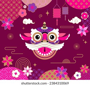 Chinese New Year 2024.Banner with smiling dragon, lanterns,flowers, chinese patterns and clouds.Lunar new year background with zodiac symbol.Template design for greeting card,poster,flyer,web.Vector