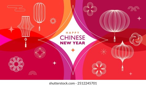 Chinese new year 2025. Abstract art, illustrations, poster, banner. Red traditional Chinese vector designs with linear lanterns, flowers, decorations. Lunar new year concept, geometric modern vector