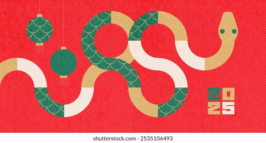 Chinese New Year 2025 abstract geometric greeting card with wavy snake, lanterns simple shapes in bright palette. Vector background for banner, cover.