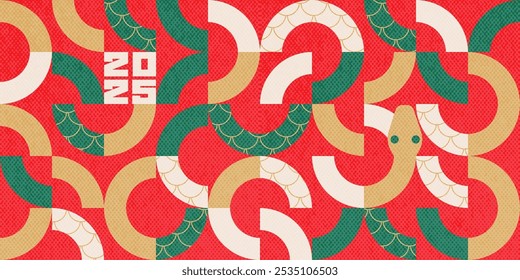 Chinese New Year 2025 abstract geometric design with snake, simple geometric shapes in bright palette. Vector background for banner, cover. Tile style