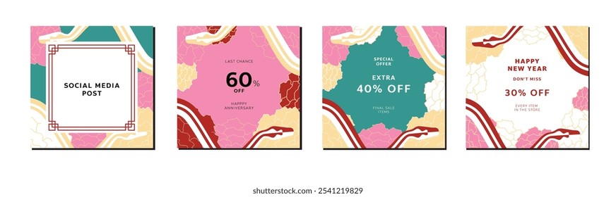 Chinese New Year 2025 abstract square art templates with floral snake elements 6