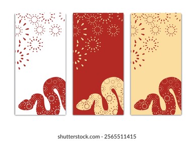 Chinese New Year 2025 abstract square art templates with snake Fireworks elements vertical 8