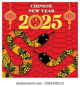 Chinese New Year 2025 artwork showcasing decorative serpents, traditional lanterns, and festive red background with cultural pattern. Flat vector modern illustration 