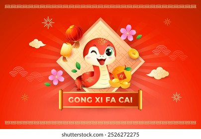 Chinese New Year 2025 background with cute snake and decoration. Holiday Vector illustration background template.