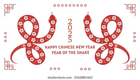 Chinese new year 2025. Background with red snake. Hand drawn vector illustration.