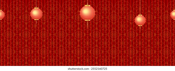 Chinese new year 2025 Background,Seamless Golden Lantern hanging on Red lunar wallpaper waves pattern,Vector Pattern design for panorama product display banner for Mid Autumn Festival.