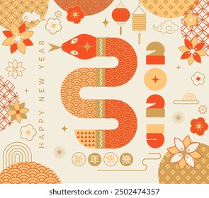 Chinese New Year 2025 banner with simple geometric snake and numbers of the year,lanterns,flowers,chinese patterns.Chinese Zodiac symbol.Template for greeting card,invitation,poster,flyer,web.Vector