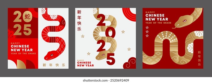 Año Nuevo chino 2025 Anuncio, Año de la serpiente. Serpiente del zodiaco chino en estilo moderno plano geométrico. diseño de tarjetas de felicitación con serpiente del zodiaco chino.